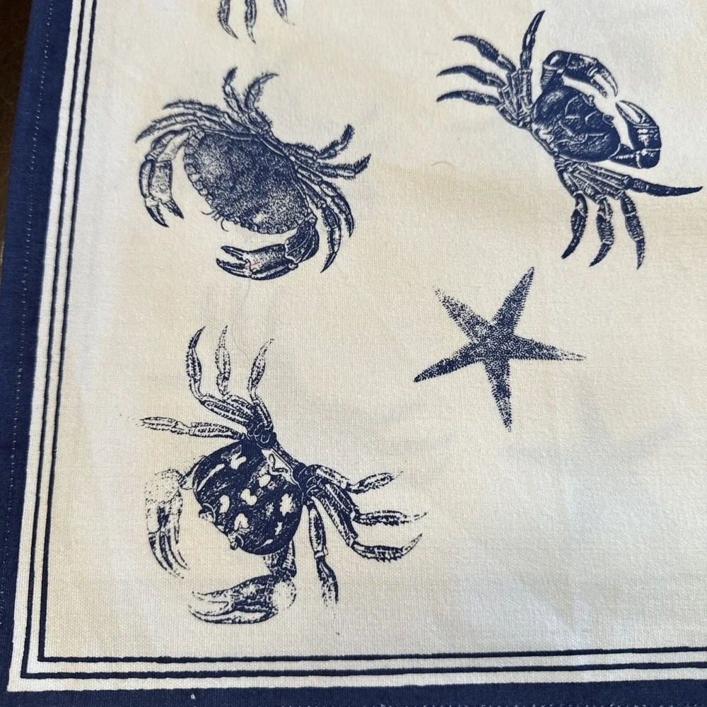 Fabric Placemats Set 4 Nautical Print Crabs Seastars‎ Starfish White Blue Cloth